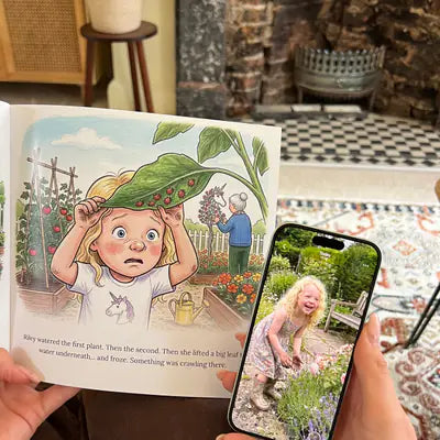 A personalised GoGoFable book open at an illustrated page, with the real photo it was drawn from on the phone beside it